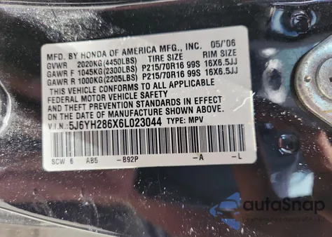2006 Honda Element Ex z USA, uszkodzony, nr VIN 5J6YH286X6L023044